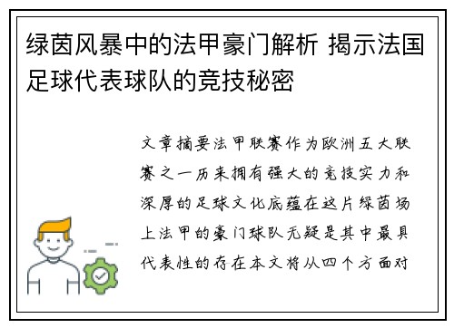 绿茵风暴中的法甲豪门解析 揭示法国足球代表球队的竞技秘密