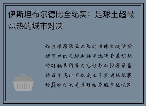 伊斯坦布尔德比全纪实：足球土超最炽热的城市对决